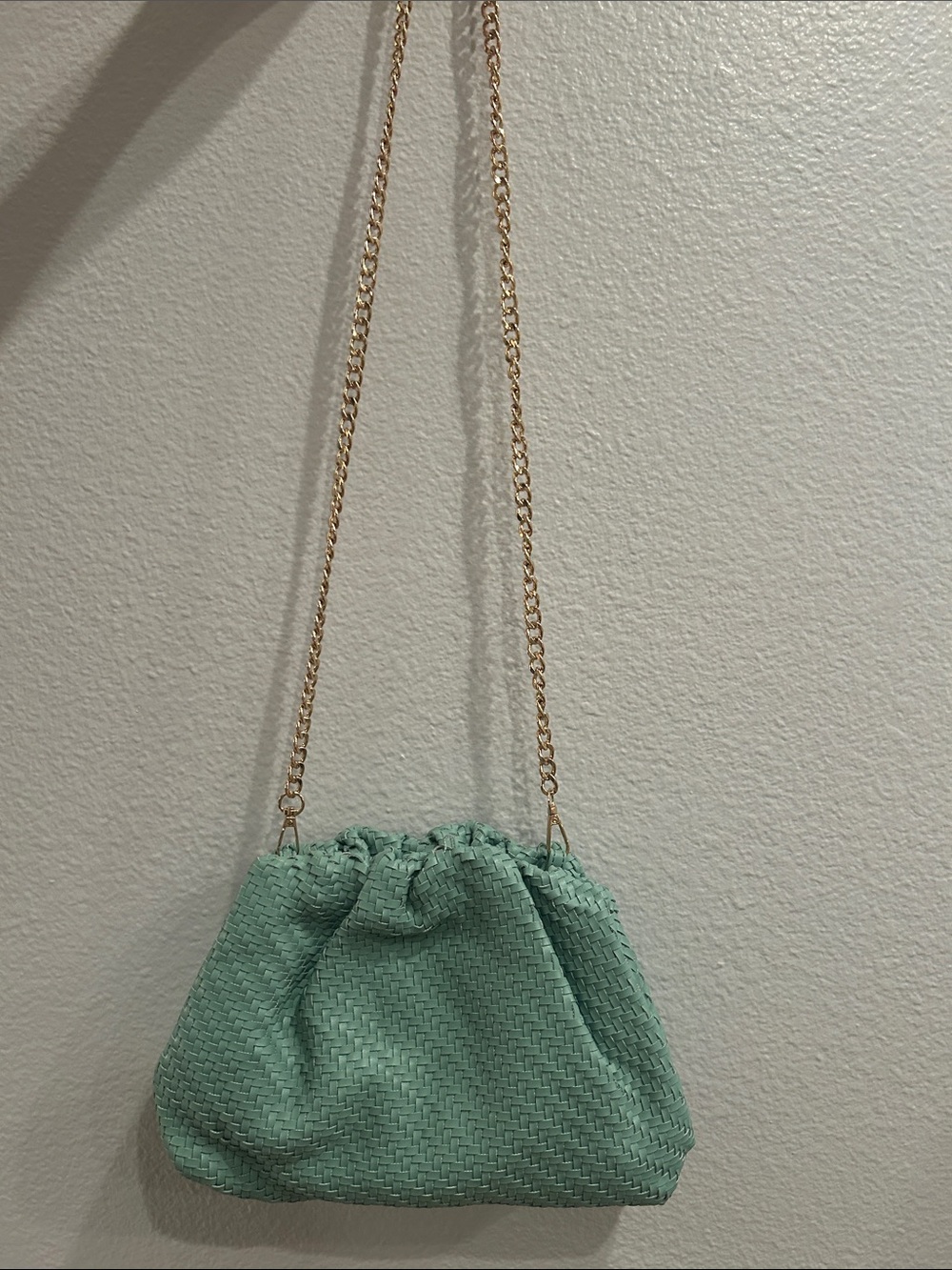 Anthropologie Mint Green Woven Drawstring Shoulder Bag